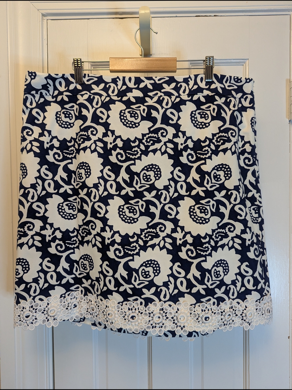 Talbots Navy and White Floral Lace-Hem Skirt
